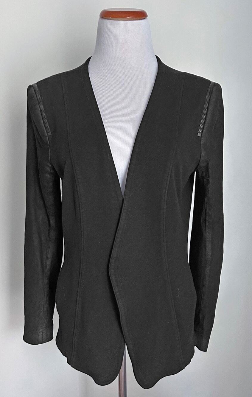 Theory Yaisa Classical Open Front Blazer, Goat Suede Sleeves, Zipper Accents, LG
